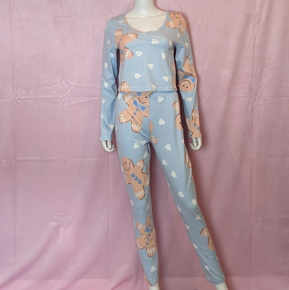 ASOS Light Blue Gingerbread Crop Tee and Matching Leggings Christmas Pajamas